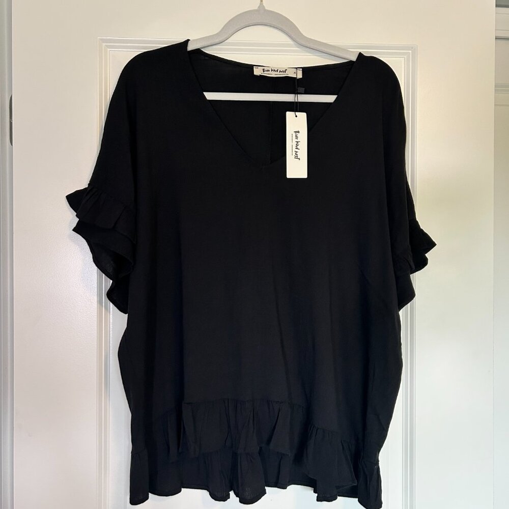 NWT Three Bird Nest Let Me Be Ruffled Top Black Size Small